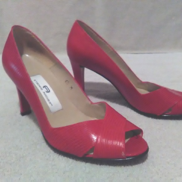 Etienne Aigner Red Leather Peep Toe Heels 6 1/2 - Picture 2 of 4